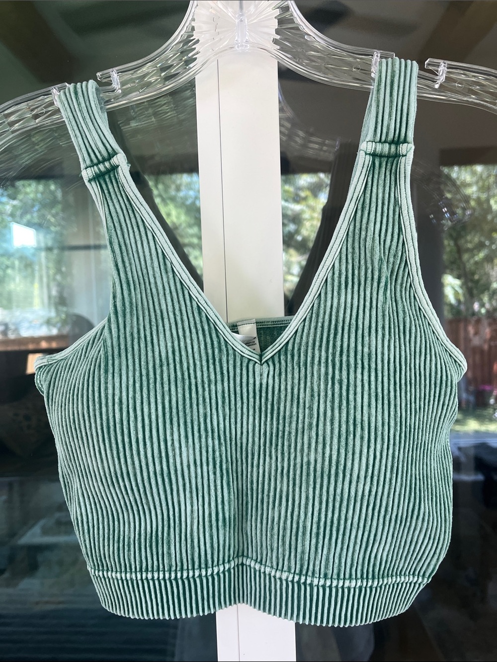 Zenana Tank Top L/XL Green Ribbed V-Neck Cropped Built- In Bra Padded